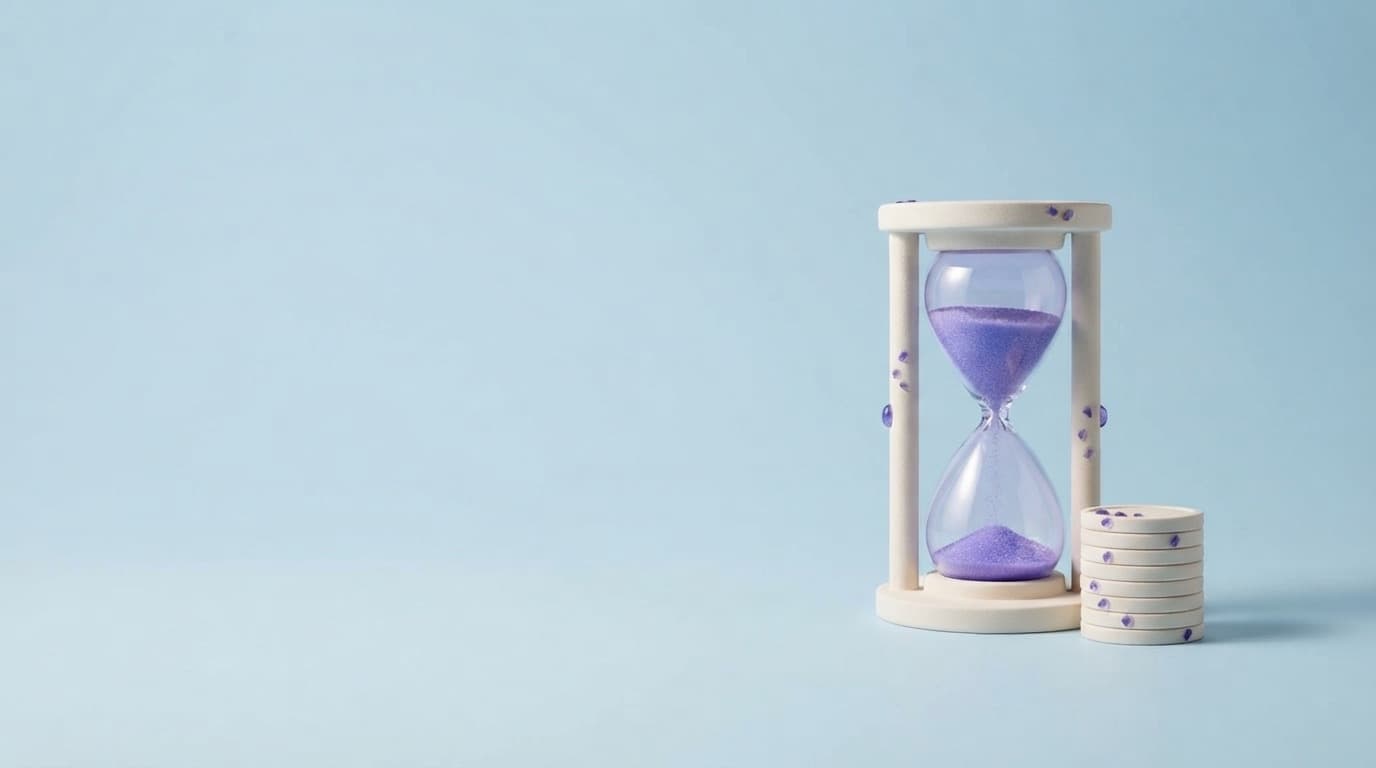 A porcelain hourglass with violet glass sand beside a stack of porcelain coins