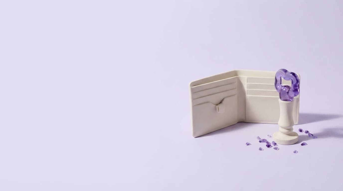 An open porcelain wallet beside a porcelain signet stamp with a violet glass handle