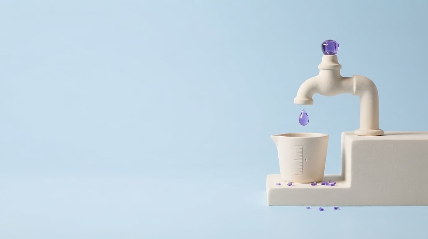 A porcelain tap releasing a violet glass drop into a porcelain measuring cup