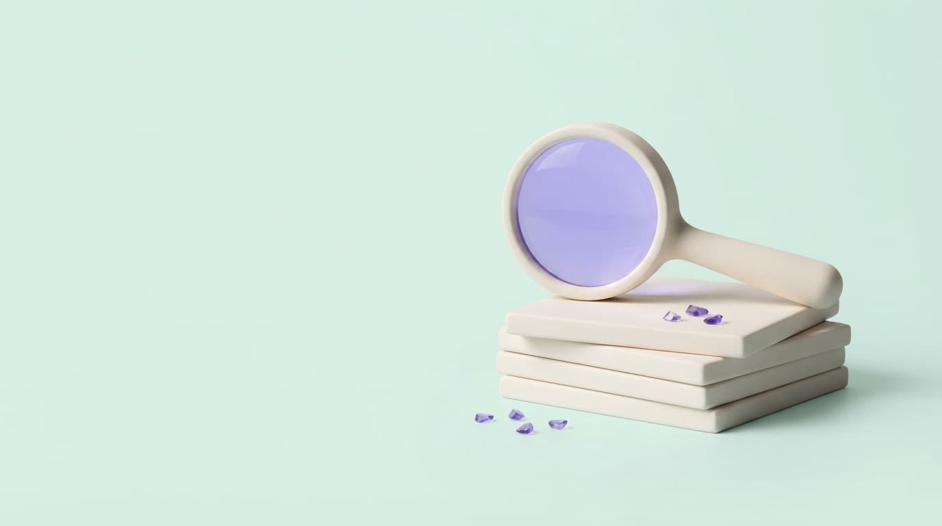 A porcelain magnifying glass with a violet lens on a stack of porcelain tiles