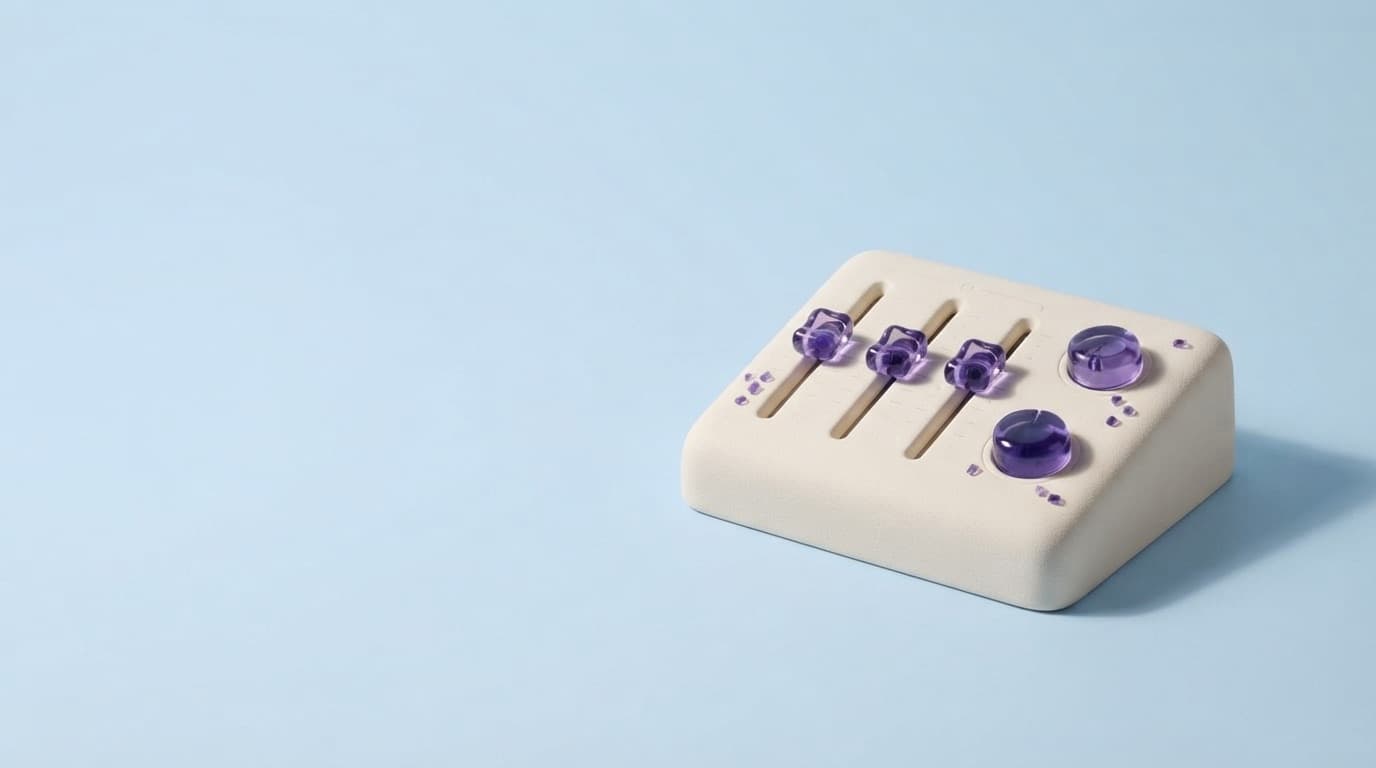 A porcelain control console with violet glass sliders and dials